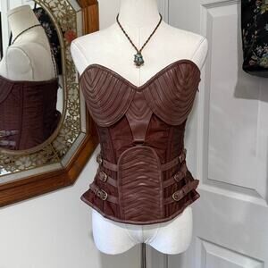 Charmian Metallic Brown & Faux Leather Steampunk Strapless Costume Corset Top